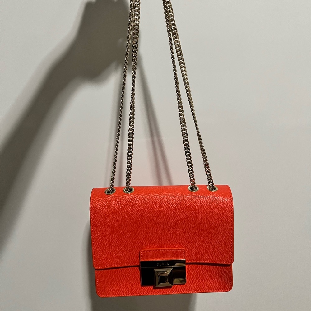 Orange Genuinely Leather Furla close body purse with Aristotle gold chain strap